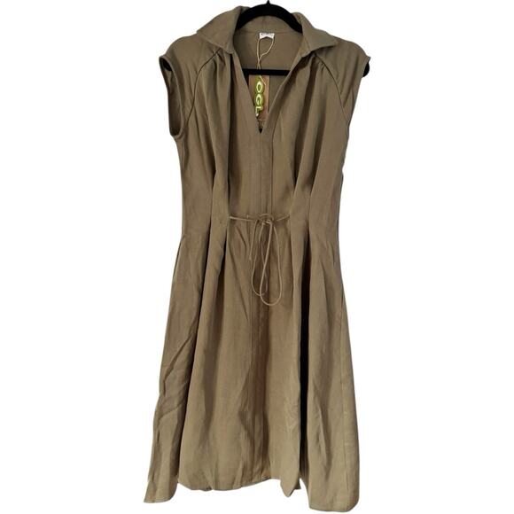 NWT OGL Viscose Linen Collared V Neck Drawstring MIDI Dress Green Size Small - Picture 3 of 8